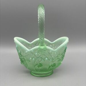 Vintage Fenton Art Glass Green Opalescent Lily of the Valley Basket